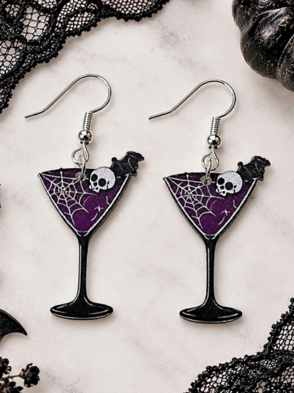 Halloween Martini Glass Earrings Purple Black Like New